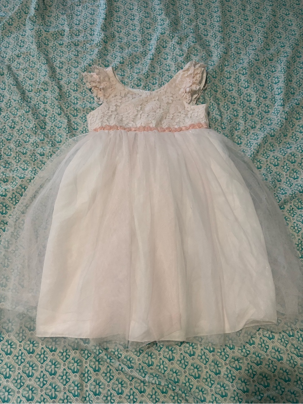 White Lace & Tulle Girls Party Dress with Pink Waist Trim
